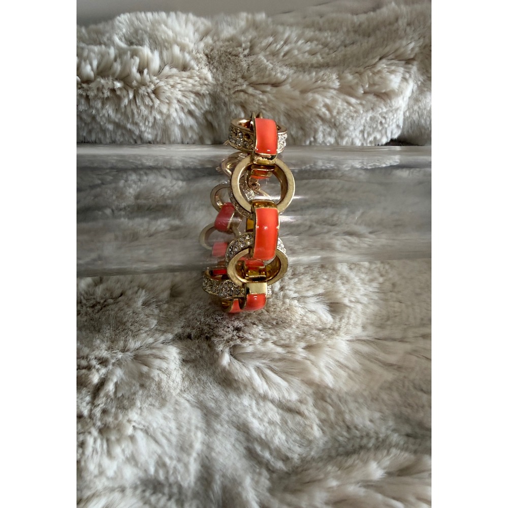 Goldβ Tone Coral Enamel Crystal Pave Link Bracelet Toggle Clasp Orange Gold